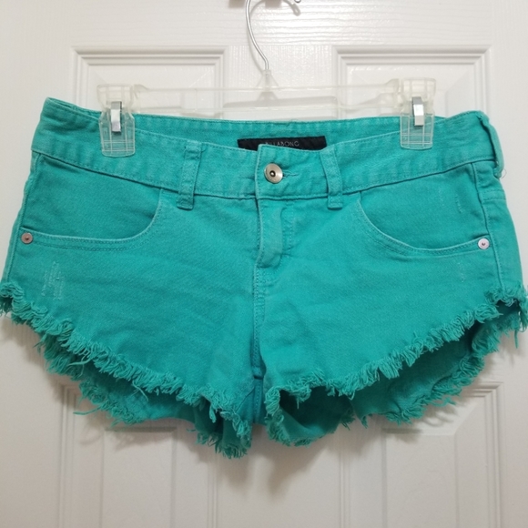 Distressed Cut Off Teal Shorts - Picture 2 of 4